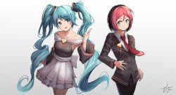 Rule 34 | 2girls, alternate costume, arm up, bare shoulders, black hair, blue eyes, blue hair, blush, breasts, collarbone, collared shirt, dated, detached sleeves, green eyes, hatsune miku, jacket, lapel pin, lapels, long hair, long sleeves, looking at another, medium breasts, multicolored hair, multiple girls, necktie, notched lapels, osu!, pin, pink hair, pippi (osu!), red necktie, shirt, short hair, signature, simple background, skirt, smile, suit jacket, tofumang, tuxedo, twintails, upper body, very long hair, vocaloid, white background, white shirt, white skirt