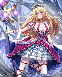 Rule 34 | 1girl, bare tree, blonde hair, blue eyes, blush, copyright name, day, dress, goosebumps (circle), holding, holding staff, long hair, looking at viewer, open mouth, outdoors, seikon no arcana, snow white, solo, staff, standing, thighhighs, tiara, tree, watermark, white thighhighs