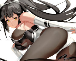 Rule 34 | 1girl, azur lane, black footwear, black hair, bodystocking, breasts, hair flaps, high heels, highres, large breasts, long hair, looking at viewer, multicolored leotard, official alternate costume, pantyhose, penggan, race queen, ribbon, shoes, simple background, solo, takao (azur lane), takao (full throttle charmer) (azur lane), two-tone leotard, unitard, very long hair, white background, white ribbon