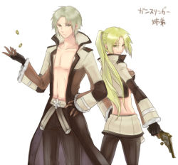 Rule 34 | 1boy, 1girl, back-to-back, black gloves, black pants, blonde hair, breasts, brown coat, closed mouth, coat, coin, coin flip, commentary request, cowboy shot, crop top, gloves, green eyes, green hair, grey eyes, gun, gunslinger (ragnarok online), handgun, holding, holding gun, holding weapon, long hair, looking at viewer, looking back, medium breasts, misuguu, navel, open clothes, open coat, pants, pectoral cleavage, pectorals, ponytail, ragnarok online, revolver, short hair, simple background, smile, standing, translation request, weapon, white background
