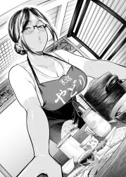Rule 34 | 1girl, absurdres, anderson, apron, arm support, bare arms, bare shoulders, bowl, breasts, ceiling, cleavage, collarbone, food, from below, glasses, greyscale, hair bun, highres, leaning forward, mature female, monochrome, official art, parted bangs, parted lips, plate, saucer, shirt, short hair, solo, table, tan, tanline, torima minshuku yadori teki na!, yadori hana