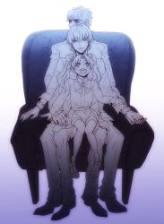Rule 34 | 1girl, 2boys, bad id, bad pixiv id, child, fate/stay night, fate/zero, fate (series), gilgamesh (fate), hair ribbon, kotomine kirei, looking up, multiple boys, muted color, ribbon, short hair, sitting, sitting on lap, sitting on person, tohsaka rin, tsubakiya, twintails, aged down