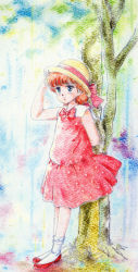 Rule 34 | 1980s (style), 1girl, against tree, arm behind back, arm up, blue eyes, dress, hand to head, highres, kazuki mai, mahou no star magical emi, non-web source, official art, oldschool, outdoors, polka dot, polka dot dress, red footwear, red hair, retro artstyle, short dress, short hair, sleeveless, sleeveless dress, smile, solo, standing, traditional media, tree