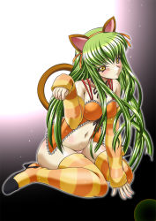 Rule 34 | 10s, 1girl, animal ears, blush, c.c., cat ears, cat tail, code geass, code geass: nunnally in wonderland, green hair, high heels, kaname aomame, long hair, navel, paw pose, sitting, solo, striped clothes, striped thighhighs, tail, thighhighs, wariza, yellow eyes