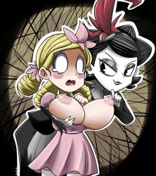 Rule 34 | 2girls, black dress, black hair, blonde hair, blush, breasts, charlie (don&#039;t starve), don&#039;t starve, dress, fuppy-jr, highres, huge breasts, long hair, medium hair, multiple girls, nipples, open clothes, open mouth, pink dress, shiny skin, thighhighs, video game, wendy (don&#039;t starve), wendy carter, white legwear, yuri