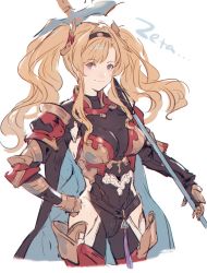 Rule 34 | armor, blonde hair, eyewear on head, flower, gauntlets, granblue fantasy, hairband, hibiscus, highres, leotard, looking at viewer, navel, polearm, red armor, shawl, shimatani azu, simple background, solo, spear, twintails, weapon, white background, zeta (granblue fantasy)