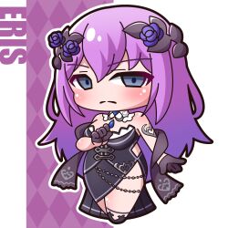 Rule 34 | 1girl, absurdres, argyle, argyle background, black dress, black footwear, black gloves, blush, breasts, character name, chibi, closed mouth, commentary request, dress, eris (princess connect!), flower, full body, gloves, gradient hair, grey eyes, hair between eyes, hair flower, hair ornament, half gloves, highres, long hair, looking at viewer, medium breasts, multicolored hair, outline, pink background, pink hair, princess connect!, purple flower, purple hair, saishosaisekojo, shoes, solo, standing, strapless, strapless dress, uneven eyes, very long hair, white background, white outline