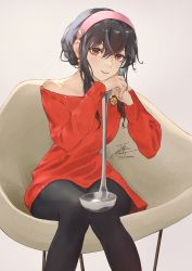 Rule 34 | 1girl, black hair, black pantyhose, blush, chair, fadingz, hairband, highres, ladle, lips, long hair, looking at viewer, on chair, pantyhose, parted lips, pink hairband, pixiv id, red eyes, red sweater, signature, sitting, solo, spy x family, sweater, yor briar