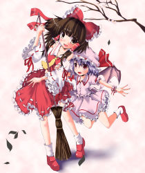 Rule 34 | 2girls, absurdres, araimon, bat wings, black hair, blush, bow, broom, cherry blossoms, detached sleeves, dress, fangs, female focus, hair bow, hakurei reimu, hat, highres, japanese clothes, jumping, leaf, miko, multiple girls, open mouth, pink dress, pink skirt, red dress, red eyes, red footwear, remilia scarlet, shoes, skirt, touhou, vampire, wings