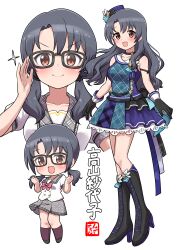 Rule 34 | 1girl, absurdres, black-framed eyewear, black footwear, black gloves, black hair, blush, boots, breasts, brown eyes, chibi, choker, collarbone, glasses, gloves, high heel boots, high heels, highres, idolmaster, idolmaster million live!, knee boots, large breasts, long hair, looking at viewer, low twintails, multiple views, ngetyan, plaid, plaid sailor collar, sailor collar, simple background, smile, solo, takayama sayoko, translation request, twintails, white background