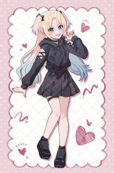 Rule 34 | 1girl, :d, alternate costume, arm cutout, black bow, black footwear, black hoodie, black nails, black skirt, blonde hair, blue eyes, blue hair, blush, border, bow, commentary request, fang, full body, gradient hair, grid background, hair bow, hand up, heart, highres, hood, hoodie, hoodie tucked in, inset border, light blue hair, link! like! love live!, long hair, looking at viewer, love live!, miniskirt, multicolored hair, open mouth, osawa rurino, outside border, parted bangs, pink border, plaid, plaid skirt, pleated skirt, polka dot, polka dot border, shimada (smd dms), shoes, sidelocks, skirt, smile, sneakers, solo, standing, thigh strap, twintails, virtual youtuber, white background