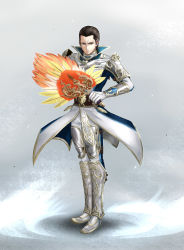 Rule 34 | 1boy, armor, black hair, brown eyes, feather fan, full body, fuoore (fore0042), gloves, gradient background, hair slicked back, highres, male focus, sangoku musou 1, shin guards, shin sangoku musou, shoulder armor, solo, vambraces, white gloves, wind, zhuge dan
