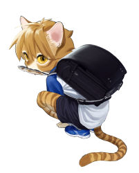 Rule 34 | 1boy, animal ears, backpack, bag, black shorts, blue footwear, brown eyes, brown hair, cat boy, cat ears, cat tail, child, colored sclera, fish, furry, furry male, highres, looking at viewer, male focus, mayumochini, mouth hold, original, randoseru, shirt, shoes, shorts, simple background, solo, squatting, tail, turning head, white background, yellow sclera