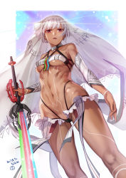 Rule 34 | 1girl, altera (fate), bare shoulders, breasts, dark-skinned female, dark skin, detached sleeves, energy sword, fate/extella, fate/extra, fate (series), full-body tattoo, highres, looking at viewer, navel, nekomata naomi, parted lips, photon ray (fate), red eyes, short hair, small breasts, sword, tattoo, thighs, veil, weapon, white hair