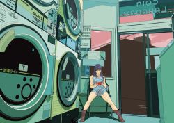 Rule 34 | 1girl, backwards text, bare legs, bare shoulders, blue hair, boots, breasts, building, chair, commentary, dress, dusk, earbuds, earbuds around neck, earphones, english commentary, flat color, green eyes, green theme, highres, holding, holding phone, indoors, laundromat, long hair, medium breasts, mirrored text, open door, original, phone, reclining, slouching, solo, spread legs, swept bangs, tanaka hirotaka, urban, washing machine, wide shot