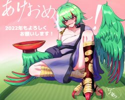 Rule 34 | 1girl, bird legs, blush, breasts, chest sarashi, cleavage, commentary request, cup, feathered wings, feathers, green feathers, green hair, green wings, hair between eyes, harpy, highres, holding, holding cup, japanese clothes, kimono, long hair, looking at viewer, monster girl, mouth hold, multicolored hair, open mouth, original, pipe in mouth, purple kimono, red eyes, red hair, sakazuki, sarashi, sitting, small breasts, smoking, smoking pipe, solo, talons, togenomaru, torn clothes, torn socks, translation request, two-tone hair, winged arms, wings, yellow eyes
