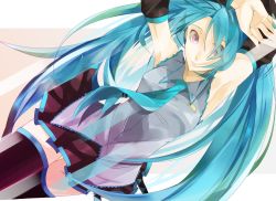 Rule 34 | 1girl, aqua hair, armpits, arms up, bad id, bad pixiv id, detached sleeves, hagino, hatsune miku, long hair, necktie, purple eyes, skirt, solo, thighhighs, twintails, very long hair, vocaloid