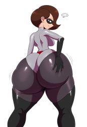 Rule 34 | 1girl, ass, ass grab, bodysuit, boots, breasts, brown eyes, brown hair, cameltoe, costume, curvy, domino mask, elastigirl, eric lowery, female focus, from behind, gloves, helen parr, highres, huge ass, large breasts, latex, latex gloves, latex suit, legs, leotard, looking at viewer, mask, short hair, simple background, skin tight, standing, sweat, the incredibles, thighhighs, wide hips