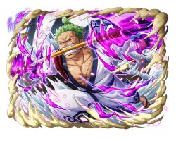 Rule 34 | 1boy, glowing, glowing eye, green hair, holding, holding sword, holding weapon, japanese clothes, katana, official art, one piece, one piece treasure cruise, purple eyes, roronoa zoro, scar, scar across eye, scar on chest, short hair, sword, teeth, weapon, weapon in mouth