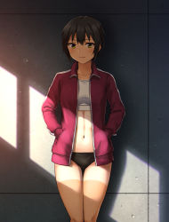 Rule 34 | 1girl, black buruma, black hair, blush, breasts, brown eyes, buruma, closed mouth, collarbone, commentary request, cowboy shot, hair between eyes, hands in pockets, hashi, indoors, jacket, long sleeves, looking at viewer, medium breasts, midriff, navel, open clothes, open jacket, original, red jacket, shadow, short hair, sidelocks, smile, solo, sports bra, standing, tan, tanline, tomboy, toned, track jacket, white sports bra, window shadow