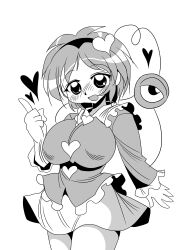 Rule 34 | 1girl, breasts, buttons, greyscale, heart, heart button, large breasts, looking down, miniskirt, monochrome, short hair, skirt, solo, thumbs up, touhou, yuki hime haruka