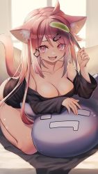 Rule 34 | 1girl, :d, ahoge, animal ear fluff, animal ears, bare shoulders, black shirt, breasts, cat ears, cat girl, cat hair ornament, cat tail, cleavage, collarbone, commentary request, fang, hair ornament, hairclip, highres, large breasts, long hair, long sleeves, looking at viewer, mitake eil, open mouth, original, pink eyes, red hair, shirt, sitting, skin fang, smile, solo, tail, wariza
