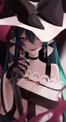 Rule 34 | 1girl, black choker, black gloves, black ribbon, choker, creatures (company), dark miku (project voltage), dress, earrings, fangs, game freak, gloves, green hair, hair between eyes, hat, hat ribbon, hatsune miku, highres, holding, holding microphone, jewelry, long hair, looking at viewer, microphone, microphone stand, nintendo, off-shoulder dress, off shoulder, pink eyes, pokemon, project voltage, ribbon, smile, solo, twintails, upper body, vocaloid, waytok, white hat