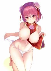 Rule 34 | 1girl, amisu, ankle strap, bandaged arm, bandages, bare legs, bare shoulders, barefoot, between breasts, blush, breasts, bun cover, closed mouth, double bun, flower, gluteal fold, hair between eyes, hair bun, head tilt, ibaraki kasen, large breasts, looking at viewer, navel, nipples, no pants, panties, panty pull, pink flower, pink hair, pink rose, pulled by self, red eyes, red ribbon, ribbon, rose, short hair, side-tie panties, simple background, smile, solo, stomach, tabard, thigh gap, thighs, touhou, underwear, untied panties, white background, white panties