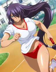 Rule 34 | 1girl, antenna hair, bare arms, bouncing breasts, breasts, buruma, cleavage, closed mouth, collarbone, day, dutch angle, floating hair, grey eyes, gym uniform, hair over one eye, holding, ikkitousen, kan&#039;u unchou, large breasts, long hair, low-tied long hair, midriff, outdoors, purple hair, red buruma, running, shiny skin, socks, solo, sportswear, stomach, very long hair, white socks