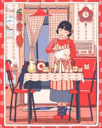 Rule 34 | 1girl, absurdres, aorkgk, apron, black cat, black hair, blue skirt, blunt bangs, bowl, calendar (object), cat, chair, clock, closed eyes, double bun, egg, feet together, hair bun, hair ribbon, highres, holding, holding bowl, jam, kitchen, kitchen scale, lipstick, makeup, nail polish, note, original, plant, red sweater, refrigerator, ribbon, signature, skirt, slippers, snowing, socks, standing, stirring, striped apron, striped clothes, sweater, table, toaster oven, wallpaper (object), weighing scale, whisk, window
