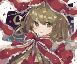 Rule 34 | 1girl, commentary request, dated, dress, frilled ribbon, frills, front ponytail, green eyes, green hair, hair ribbon, kagiyama hina, long hair, mina (sio0616), open mouth, portrait, red dress, red ribbon, ribbon, smile, solo, sparkle, touhou