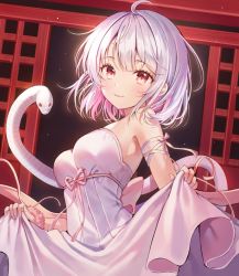 1girl auro_drm bare_shoulders blush breasts closed_mouth clothes_lift dress dress_lift large_breasts looking_at_viewer medium_hair original red_eyes sleeveless smile snake white_dress white_hair