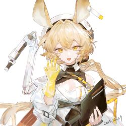 Rule 34 | 1girl, animal ears, arknights, blonde hair, clipboard, dated, dorothy (arknights), double-parted bangs, gloves, hair between eyes, hand up, highres, holding, holding clipboard, jacket, jiaowohuahua, long hair, long sleeves, looking at viewer, mouse ears, open mouth, simple background, single bare shoulder, single glove, solo, upper body, very long hair, white background, white headwear, white jacket, yellow eyes, yellow gloves