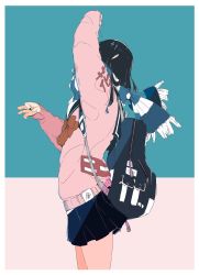 Rule 34 | 1girl, arm up, backpack, bag, black hair, border, bow, bowtie, commentary request, cowboy shot, daisukerichard, eye drops, flat color, fringe trim, from side, highres, jacket, long hair, long sleeves, miniskirt, original, pink jacket, sailor collar, scarf, simple background, skirt, solo, striped clothes, striped scarf, white border, zipper