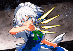 Rule 34 | 1girl, apron, bad id, bad pixiv id, blue eyes, blue skirt, blue vest, bow, bowtie, braid, covering own mouth, frilled skirt, frills, green bow, green bowtie, hair between eyes, izayoi sakuya, knife, looking at viewer, maid, maid headdress, puffy short sleeves, puffy sleeves, qqqrinkappp, shirt, short hair, short sleeves, silver hair, skirt, skirt set, solo, touhou, traditional media, twin braids, v-shaped eyebrows, vest, waist apron, white shirt