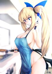 Rule 34 | 1girl, :o, apron, black ribbon, blonde hair, blue bow, blue eyes, blue nails, blurry, blurry background, blush, bokeh, bow, breasts, cleavage, collarbone, commentary request, cooking, covered erect nipples, cowboy shot, depth of field, fingernails, food, frying pan, groin, hair bow, hair ornament, hair ribbon, hair tie, hand up, highres, holding, holding pan, indoors, kitchen, large breasts, legs together, long hair, looking down, mirai akari, mirai akari project, nail polish, naked apron, no panties, open mouth, pancake, ribbon, side ponytail, sideboob, sidelocks, signature, solo, souryu, spatula, standing, stove, very long hair, virtual youtuber