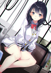 Rule 34 | 10s, 1girl, amahara pekozaemon, between legs, black hair, black skirt, blue eyes, bow, cable, collared shirt, commentary request, dutch angle, gridman universe, hand between legs, jacket, long hair, long sleeves, looking at viewer, miniskirt, parted lips, pleated skirt, red bow, red socks, school uniform, shirt, sitting, skirt, socks, solo, ssss.gridman, takarada rikka, thighs, white background, white jacket, white shirt