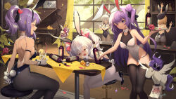 Rule 34 | 5girls, absurdres, adjusting clothes, adjusting leotard, alternate costume, animal ears, ass, ayanami (azur lane), azur lane, bar stool, bare back, beret, black footwear, black headwear, black leotard, black necktie, black pantyhose, black thighhighs, blue eyes, bottle, bow, breasts, character portrait, cheshire (azur lane), closed eyes, clothing cutout, detached collar, drunk, fake animal ears, fake tail, fishnet pantyhose, fishnets, from behind, gloves, grey hair, grey pantyhose, hair bow, hair bun, hat, high heels, highres, holding, holding tray, indoors, instrument, javelin (azur lane), laffey (azur lane), leaning forward, leotard, leotard pull, light brown hair, manjuu (azur lane), medium breasts, medium hair, multiple girls, necktie, one eye closed, open mouth, oversized breast cup, panties, pantyhose, piano, pink bow, pink hair, playboy bunny, ponytail, pulled by self, purple hair, rabbit ears, rabbit tail, red wine, saratoga (azur lane), shoes, sitting, skindentation, small breasts, standing, stool, strapless, strapless leotard, stuffed winged unicorn, table, tail, thighhighs, tile floor, tiles, tray, underwear, unicorn (azur lane), white gloves, white hair, white leotard, white panties, window, wine bottle, wrist cuffs, xiaoxiao nanjue buyaokeng, z23 (azur lane)