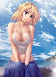 Rule 34 | 1girl, alice margatroid, alternate costume, areola slip, blonde hair, blue eyes, blue sky, breasts, casual, cleavage, cloud, covered erect nipples, crop top, day, earrings, female focus, hair ornament, hairband, hater (hatater), head tilt, highres, jewelry, large breasts, long skirt, looking at viewer, midriff, navel, no bra, non-web source, ocean, open mouth, short hair, sitting, skirt, sky, sleeveless, smile, solo, touhou