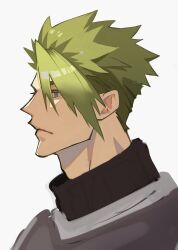 Rule 34 | 1boy, achilles (fate), adam&#039;s apple, armor, brown eyes, closed mouth, fate/apocrypha, fate (series), green hair, haruakira, highres, looking to the side, male focus, muscular, muscular male, profile, short hair, simple background, solo, undercut, upper body, white background