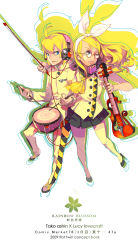 Rule 34 | 1boy, 1girl, bad id, bad pixiv id, bechoco, blonde hair, brother and sister, drum, glasses, guitar, instrument, kagamine len, kagamine rin, lucy (bechoco), siblings, thighhighs, twins, vocaloid, zettai ryouiki