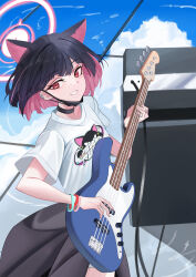 Rule 34 | 1girl, absurdres, animal ears, black choker, black hair, black jacket, black mask, blue archive, cat ears, choker, clothes around waist, colored inner hair, connyalow, electric guitar, extra ears, grin, guitar, halo, highres, holding, holding instrument, instrument, jacket, jacket around waist, kazusa (band) (blue archive), kazusa (blue archive), mask, mask pull, mouth mask, multicolored hair, official alternate costume, pink hair, pink halo, red eyes, shirt, short hair, short sleeves, smile, solo, white shirt