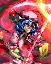 Rule 34 | 1girl, ascot, blue hair, crystal, fang, female focus, hat, hat ribbon, highres, melon22, puffy sleeves, red eyes, remilia scarlet, ribbon, short hair, short sleeves, slit pupils, smile, solo, touhou, wings, wrist cuffs