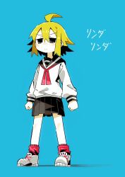 Rule 34 | 1girl, absurdres, ahoge, arms at sides, black eyes, black sailor collar, black skirt, blonde hair, blue background, blush, clenched hands, closed mouth, commentary request, frown, full body, highres, long sleeves, looking at viewer, neck ribbon, null-meta, pleated skirt, red ribbon, red socks, ribbon, sailor collar, school uniform, serafuku, shirt, shoes, short hair, sidelocks, simple background, skirt, sneakers, socks, solo, song name, standing, the omoti, translation request, uozumi kurumi, v-shaped eyebrows, white shirt
