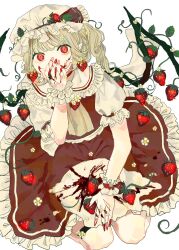 Rule 34 | 1girl, ascot, blonde hair, collared shirt, cream, earrings, eating, fingernails, flandre scarlet, food, food-themed earrings, food on face, food themed earrings, frilled shirt collar, frilled skirt, frills, fruit, fruit juice, full body, hand up, hat, hat ribbon, highres, jewelry, leaf, looking at viewer, medium hair, mob cap, nail polish, pointy ears, puffy short sleeves, puffy sleeves, red eyes, red nails, red ribbon, red skirt, red vest, ribbon, shirt, shiwaiji, short sleeves, side ponytail, simple background, skirt, skirt set, slit pupils, solo, strawberry, strawberry earrings, strawberry hat ornament, touhou, vest, white background, white hat, white shirt, wings, wrist cuffs, yellow ascot