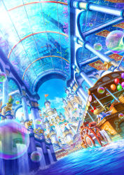 Rule 34 | 1girl, aquarium, arcade (architecture), arch, balloon, banner, bird, black cat, blonde hair, blue dress, boat, bow, bubble, canal, castle, cat, colonnade, day, dress, dutch angle, facing away, fish, flag, from behind, from below, hair bow, highres, long hair, original, outdoors, paddle wheel, pennant, perspective, railing, rainbow, revision, short sleeves, skylight, solo, spire, star (symbol), tami (nekoneto), water, watercraft, waterfall