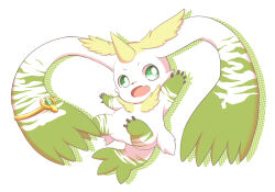 Rule 34 | blonde hair, commentary request, digimon, digimon (creature), ear ornament, fang, full body, gem, green eyes, green gemstone, hands up, highres, horns, jewelry, looking at viewer, no humans, open mouth, simple background, single horn, skin fang, smile, solo, terriermon, terriermon x-antibody, toruu (kzpm2483), white background