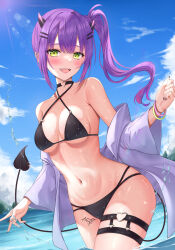 Rule 34 | 1girl, absurdres, bare shoulders, bikini, black bikini, breasts, cleavage, collarbone, demon girl, demon horns, demon tail, ear piercing, green eyes, hair ornament, hairclip, highres, hololive, horns, jacket, leg tattoo, long hair, looking at viewer, medium breasts, navel, off shoulder, open mouth, outdoors, piercing, pink hair, purple hair, shinigami kiraki, side ponytail, swimsuit, tail, tail ornament, tail piercing, tattoo, thigh strap, thighs, tokoyami towa, virtual youtuber, white jacket