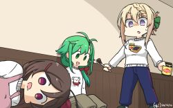 Rule 34 | 3girls, alternate costume, antenna hair, apron, blonde hair, braid, braided bangs, braided bun, brown hair, brown pants, commentary request, dated, drooling, green eyes, green hair, green pants, hair bun, hair ornament, hair over shoulder, hair ribbon, hairclip, hamu koutarou, highres, jar, kantai collection, long hair, lying, mamiya (kancolle), matsu (kancolle), multiple girls, on side, one-hour drawing challenge, pants, perth (kancolle), pink apron, purple eyes, red eyes, ribbon, saliva, shaded face, short hair, spoon, sweater, track pants, vegemite, white sweater