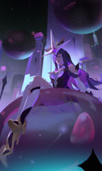Rule 34 | 1girl, absurdres, ball, bare shoulders, breasts, closed mouth, from below, high heels, highres, kneehighs, large breasts, league of legends, leotard, long hair, magic, purple hair, purple leotard, qchbtb, shoes, sitting, socks, solo, star guardian (league of legends), star guardian syndra, syndra, white leotard, white socks